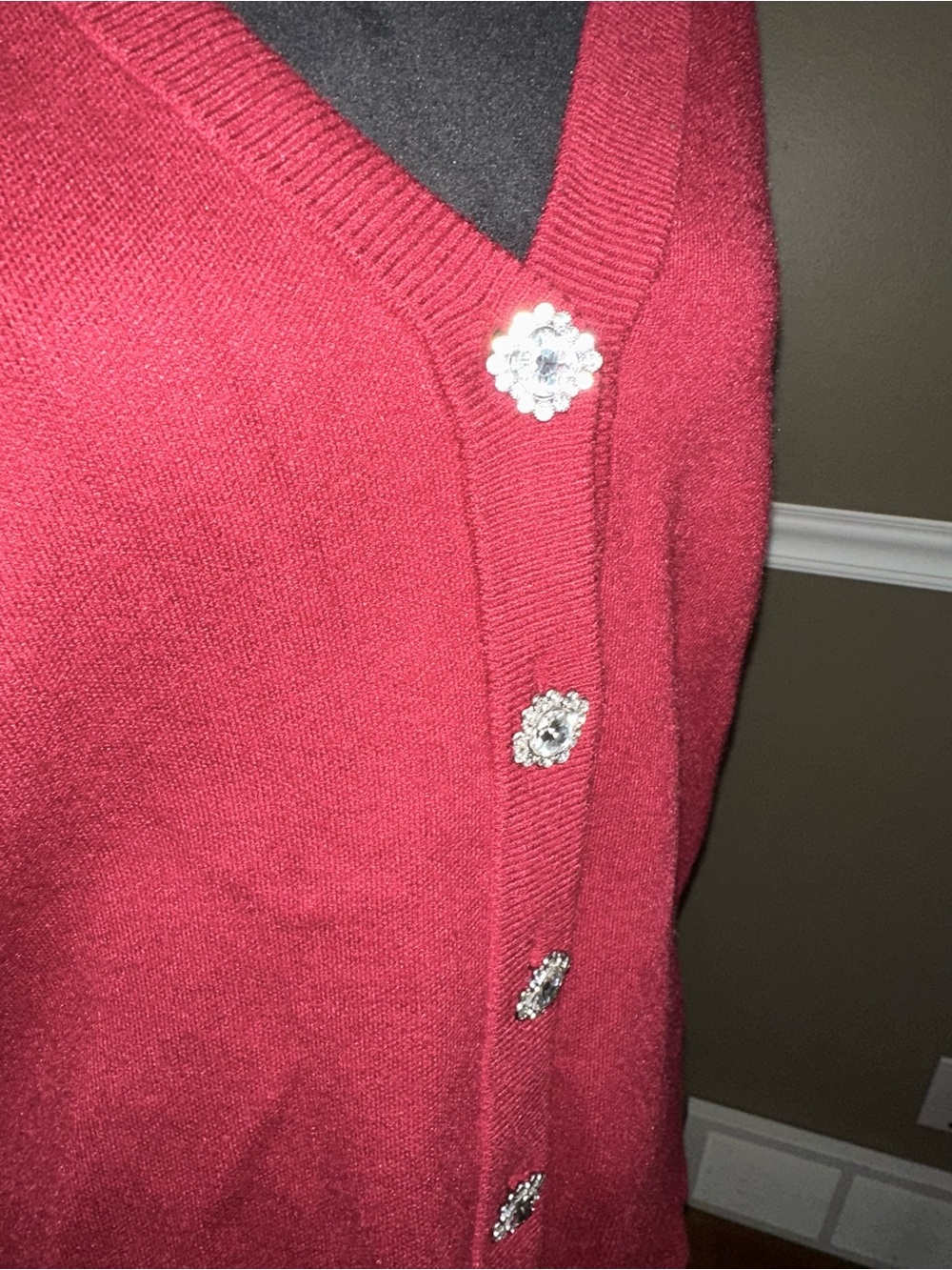 Tahari Red V-Neck Cardigan with Rhinestone Buttons - Picture 4 of 7
